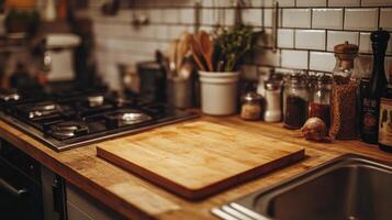 Cozy kitchen with wooden countertop, stove, and various jars in a warm, inviting setting photo