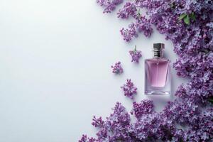 Perfume bottle surrounded by lilac flowers on a bright white background in springtime photo