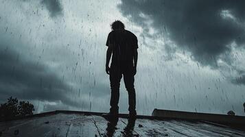 Person standing alone on a rooftop during a heavy rainstorm in a traditional village photo
