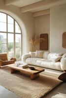 Cozy living room with natural light and elegant decor in a modern home on a sunny afternoon photo