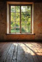 Sunlight streaming through a rustic window in a serene indoor space surrounded by nature photo
