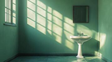 A serene green bathroom corner featuring natural light illuminating the space in the afternoon photo