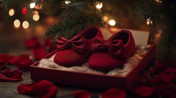 Red shoes with bows presented in a festive box among rose petals and twinkling lights photo