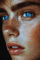 A young woman with striking blue eyes and freckles poses thoughtfully against a dark background photo
