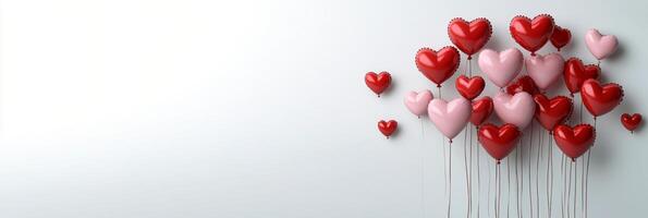 A collection of heart shaped balloons in red and pink colors against a plain white backdrop photo