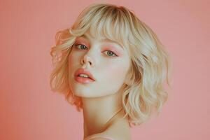 Young woman with short blonde hair poses in front of a pastel pink background during daylight photo