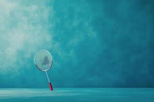 A tennis racket rests on the floor in a bright blue room with sunlight streaming through the windows photo