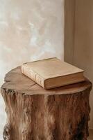 A vintage book resting on a wooden stump in a softly lit interior setting during daylight photo