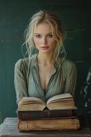 Old worn book resting on rustic wooden floor showcasing its faded cover and aged texture photo