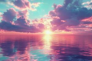 A serene sunset over calm waters with vibrant pink and blue clouds reflecting on the ocean photo