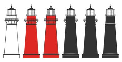 Lighthouse icon symbol shape set. Light house logo sign collection. Navigation Shore light beacon. old lighthouse building silhouette illustration. Isolated on white background. vector
