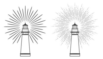 Lighthouse icon symbol shape set. Light house logo sign collection. Navigation Shore light beacon. light rays silhouette illustration. Isolated on white background. vector