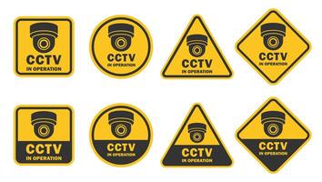 Warning yellow black sign set. Security cameras in use symbol icon. Fixed CCTV camera logo sign collection. illustration image. Isolated on white background. vector