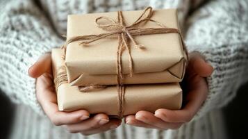 A person holds neatly wrapped brown gift boxes tied with twine in their hands indoors photo