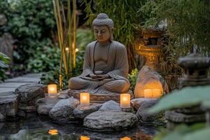 Serene Buddha statue surrounded by candles and stones in a tranquil garden setting at dusk photo