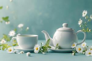Tranquil tea setting with fresh mint, daisies, and a white teapot in a serene environment photo