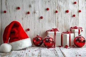 Festive holiday decorations with a Santa hat and wrapped presents arranged under a snowy tree photo