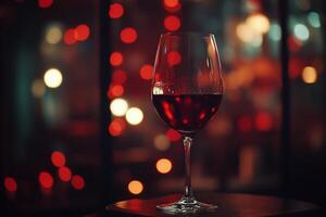 A glass of red wine on a table with warm lights creating a cozy atmosphere in an evening setting photo
