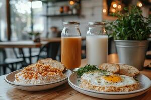 A delicious breakfast spread featuring rice, eggs, toast, and beverages in a cozy caf setting photo