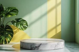 Bright indoor space featuring a marble pedestal and green leaves with soft sunlight filtering in photo