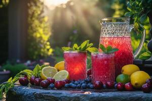Refreshing fruit punch in a pitcher served outdoors with fresh ingredients at sunset photo