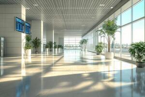 Modern corridor with large windows and plants during daytime at a contemporary building photo