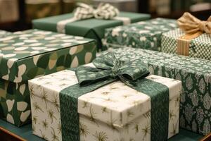 Elegant wrapped gifts arranged on display for festive occasions in a cozy store setting photo