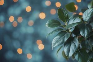 Fresh green leaves illuminated by soft glowing lights in the evening atmosphere photo