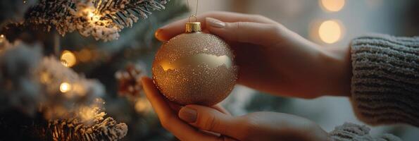 Two hands exchanging a gold ornament while decorating a Christmas tree in a warmly lit room photo