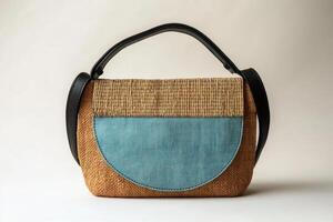 Stylish handbag featuring woven material and denim for casual everyday use photo