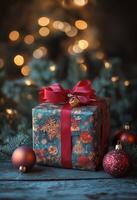 Festively wrapped gift with red ribbon placed near a decorated Christmas tree during winter photo