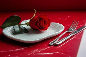 A romantic dinner setting with a red rose on a heart shaped plate and silver cutlery photo