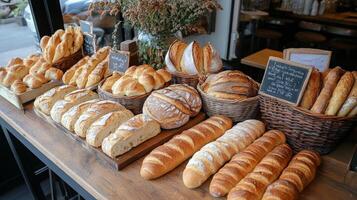 A variety of fresh artisan breads displayed on wooden tables at a bakery in the morning photo