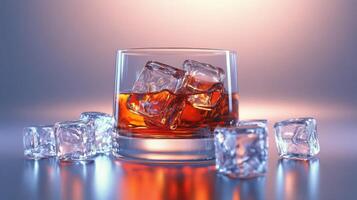 A glass of whiskey with ice cubes on a reflective surface during a social gathering photo