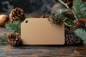 Natural pinecones and a blank gift tag on evergreen branches for holiday decorating ideas photo