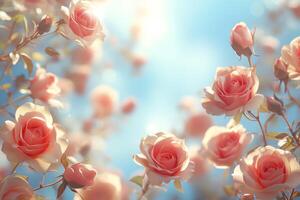 Beautiful pink roses blooming in a sunny garden during springtime with soft bokeh background photo