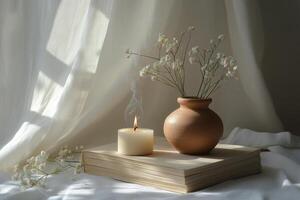 A peaceful setting with a lit candle and a vase of dried flowers resting on a wooden surface photo