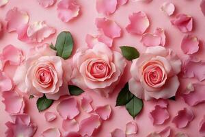 Soft pink roses arranged with petals on a light pink surface for a romantic occasion photo