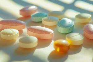 A collection of various colorful pills and capsules displayed on a neutral surface photo