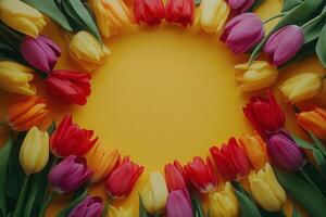 Colorful tulips arranged in a circular pattern on a bright yellow background during spring season photo