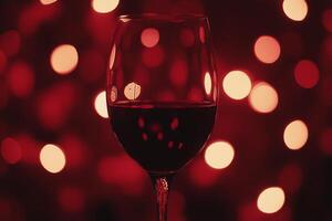 A glass of red wine on a table with warm lights creating a cozy atmosphere in an evening setting photo