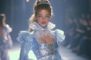 Elegant runway model in a vintage blue dress with intricate details at a fashion show photo