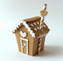 Delightful gingerbread house decoration with candy cane and miniature feature in festive setting photo