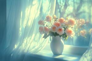A pastel bouquet of roses in a white vase by a sunlit window on a serene morning photo