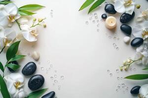 A serene arrangement of orchids, stones, and a candle on a textured surface in a tranquil setting photo