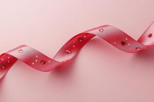 Decorative red ribbon with heart patterns on a soft pink background for festive occasions photo