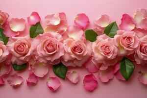 Delicate pink roses arranged with petals on a soft pink background for a romantic display photo