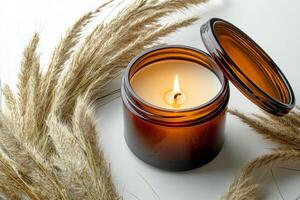 Aromatic candle lit beside decorative dried grass on white surface during tranquil setting photo