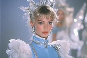 Elegant runway model in a vintage blue dress with intricate details at a fashion show photo