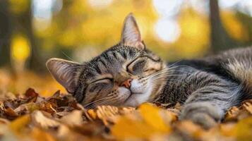 A peaceful cat napping among colorful autumn leaves in a serene outdoor setting photo